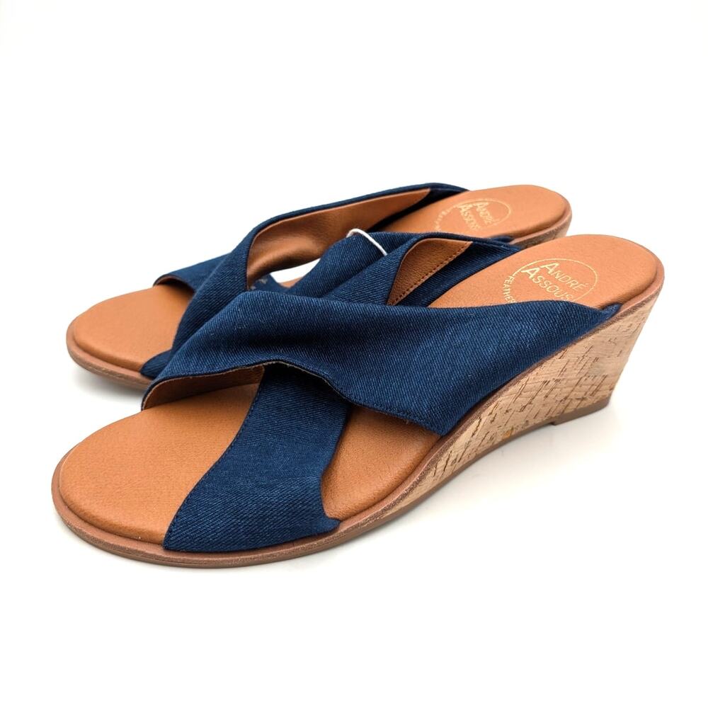 André Assous Bryana Wedge Sandals Open Toe Women's Navy Size US8M EU38